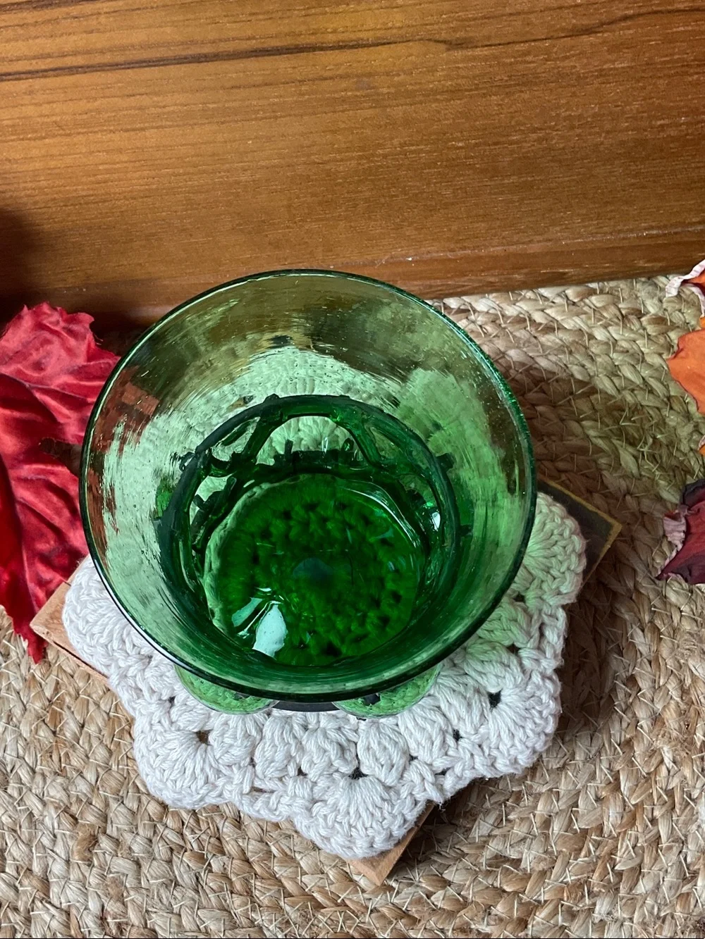 Vintage Green Bubble Glass, Wrought Iron, Candle holder/Hand Blown Vase